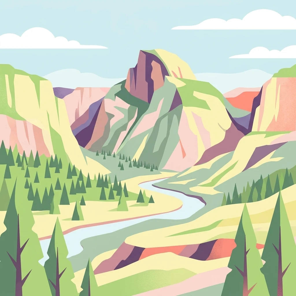 A flat, vector-style illustration of a U-shaped valley with a river running through it, framed by evergreen trees and a prominent rocky mountain peak under a pale blue sky.