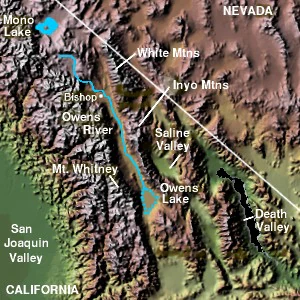 A top-down shaded relief map of the Inyo Mountains region in California, featuring labeled landmarks including the White Mountains, Saline Valley, Owens River, and Death Valley.