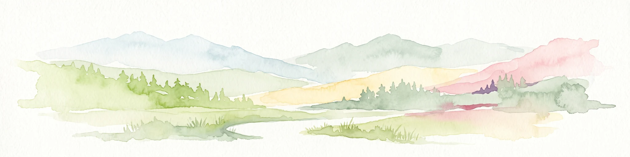 Watercolor painting of a mountain landscape with trees in the midground and a simple river or valley floor in the foreground, executed in a soft, light-toned palette.