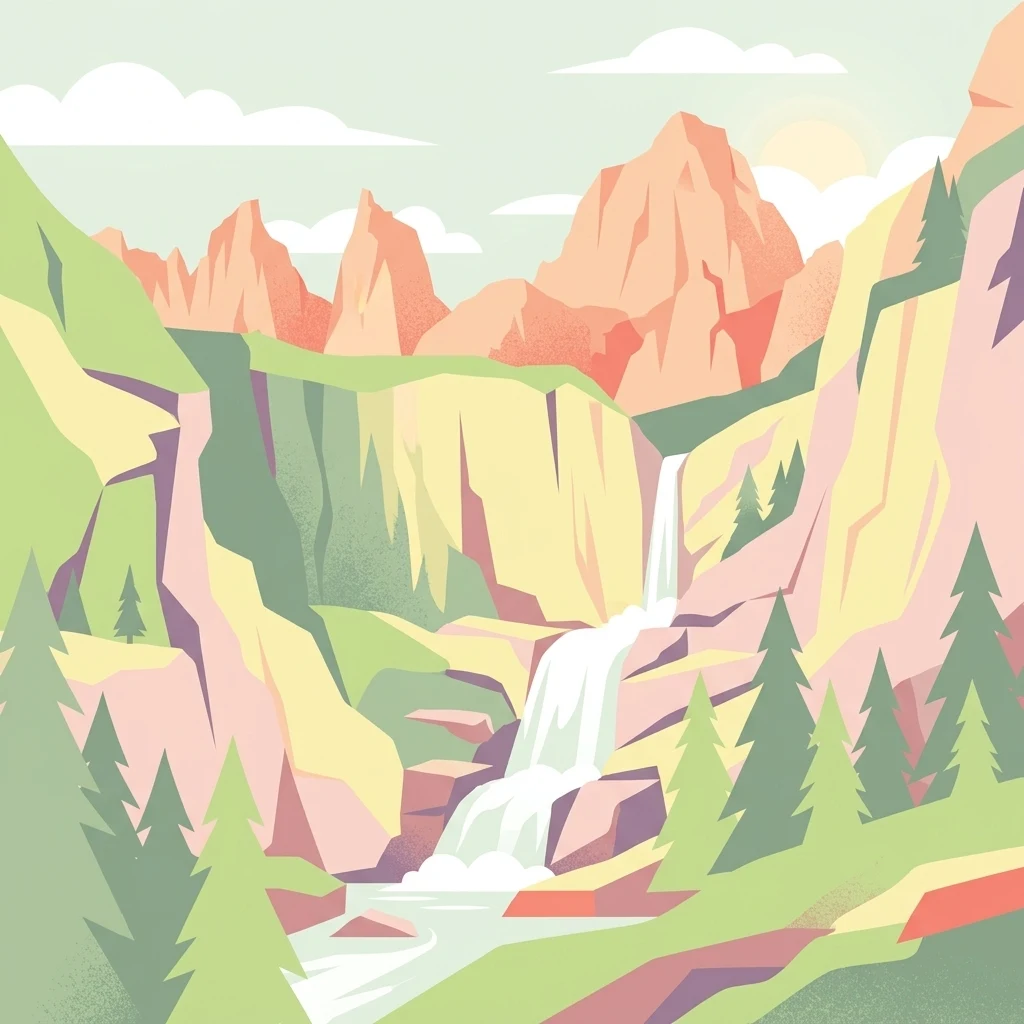 Una ilustración digital de una cascada que cae por acantilados rocosos entre picos montañosos, con pinos estilizados en primer plano.