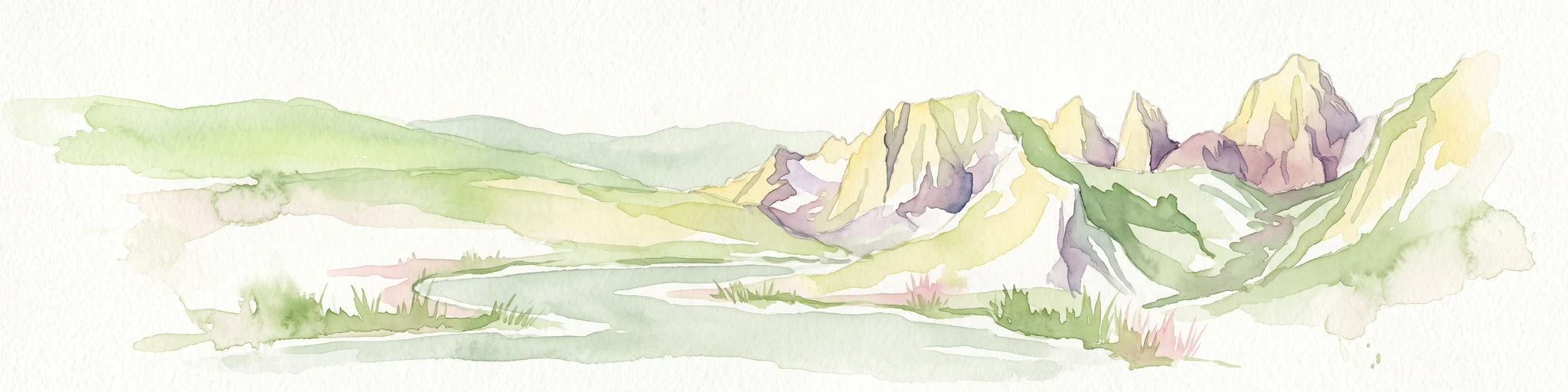 A horizontal watercolor painting depicting a mountain range in the background with rolling hills and a winding river or stream in the foreground.
