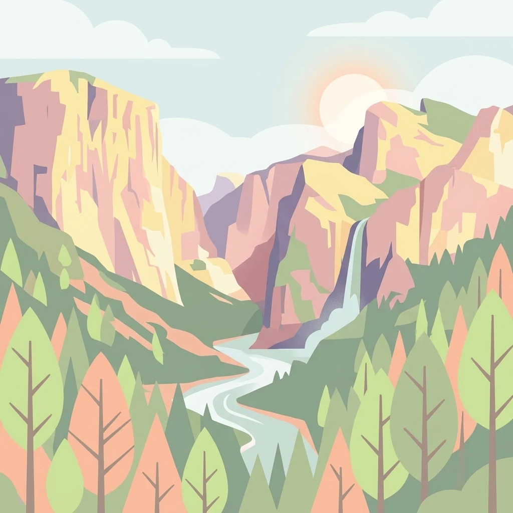 A flat, vector-style illustration of a canyon or valley with steep rocky cliffs on both sides, a flowing river in the center, and a cascading waterfall on the right, surrounded by stylized trees.