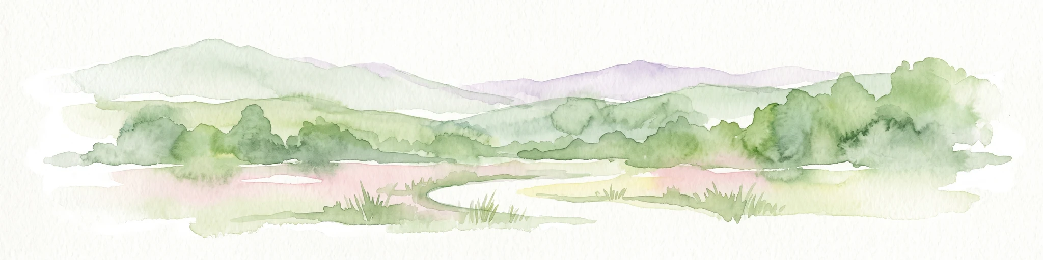 A soft watercolor illustration featuring rolling green hills, a winding stream, and a forested treeline against a pale sky.
