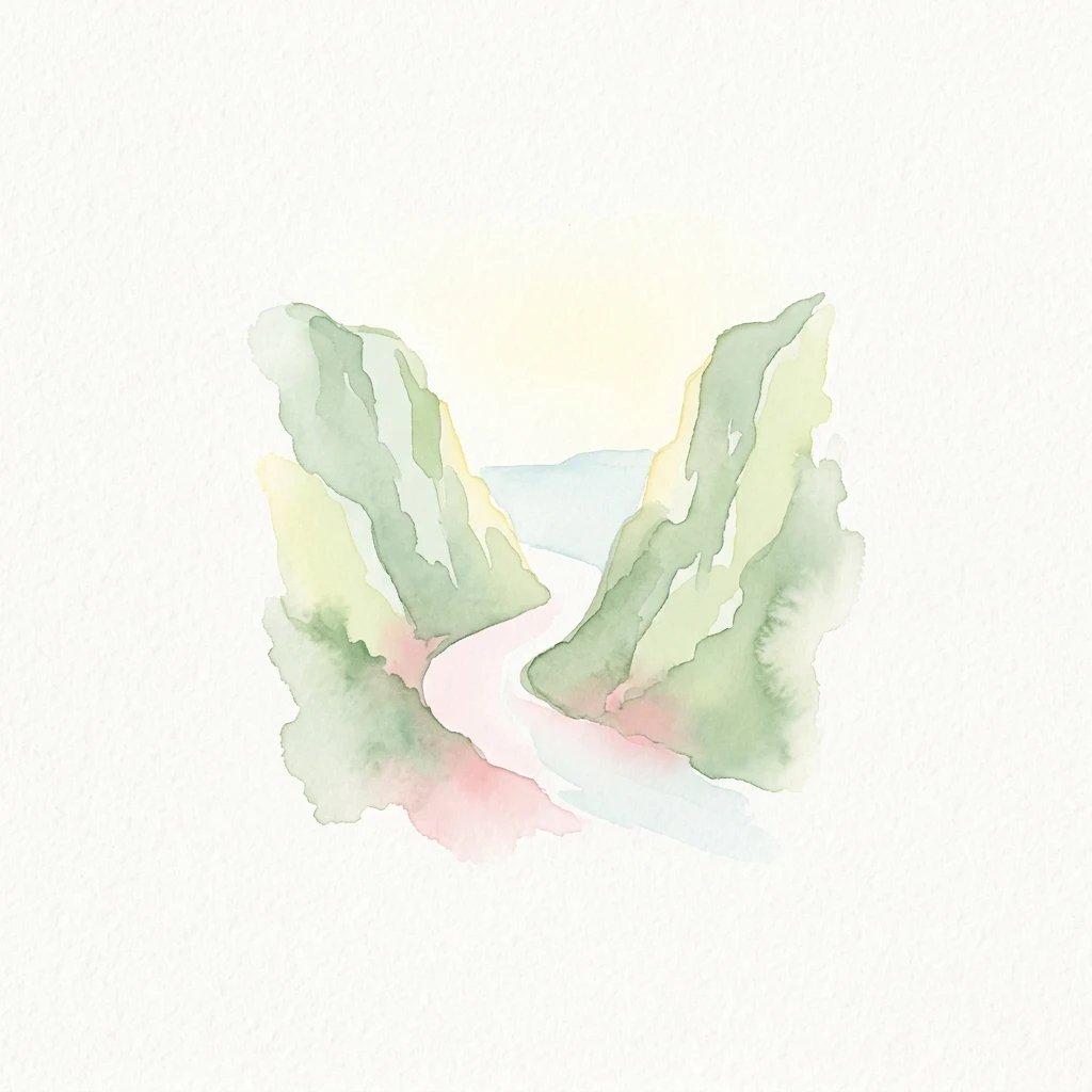 Watercolor painting showing a river winding between two green cliffs