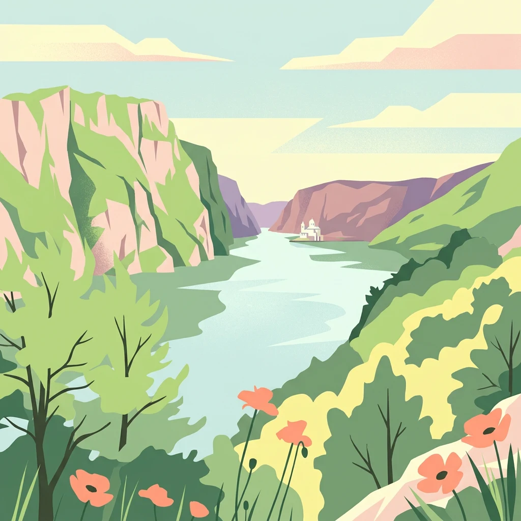 Vista ilustrada de un río que fluye a través de un desfiladero entre formaciones rocosas escarpadas con vegetación verde y flores rosadas en primer plano