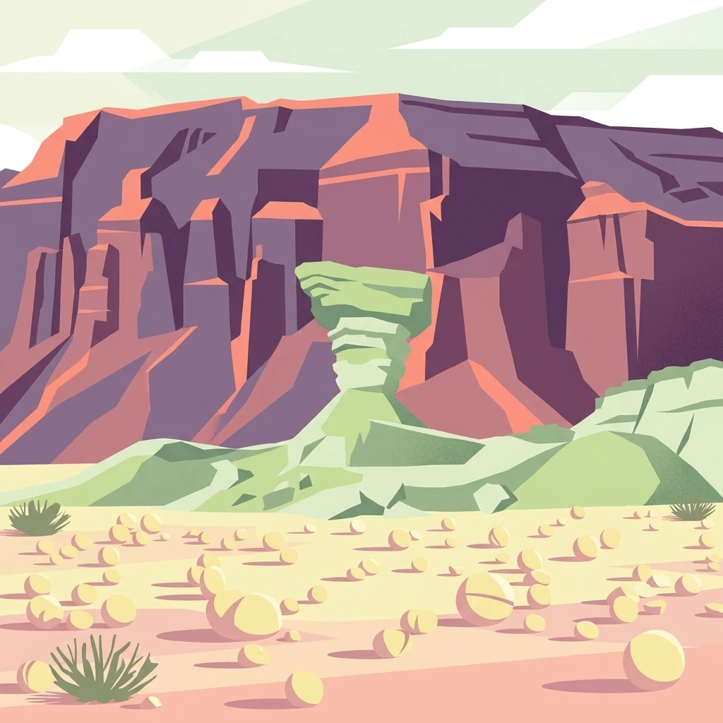 A digital illustration of a desert landscape featuring a prominent mushroom-shaped rock formation in the center, set against a background of stratified canyon cliffs under a pale sky.