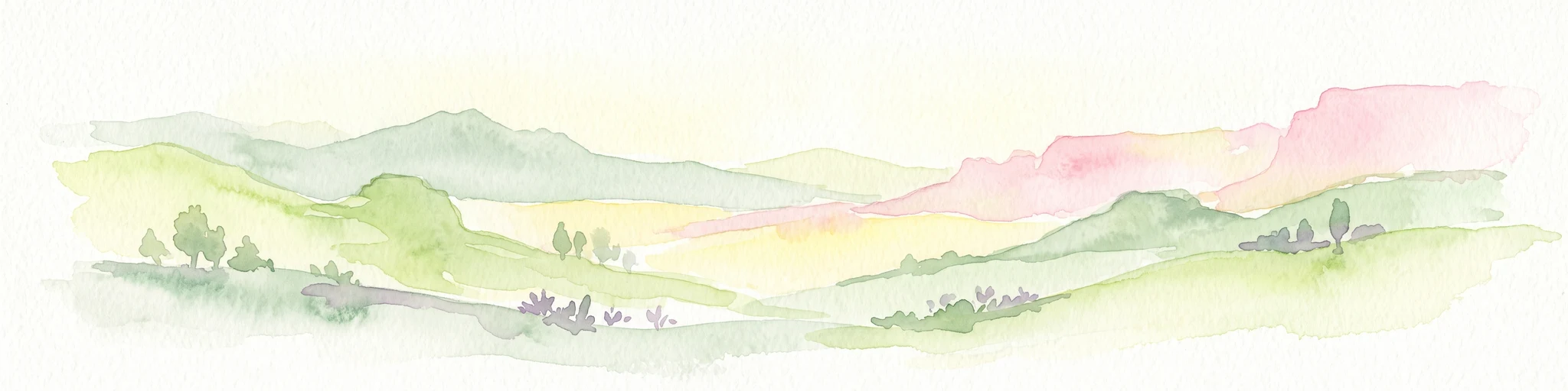A watercolor painting showing a panoramic view of rolling hills with soft green, yellow, and pink hues on a white background.