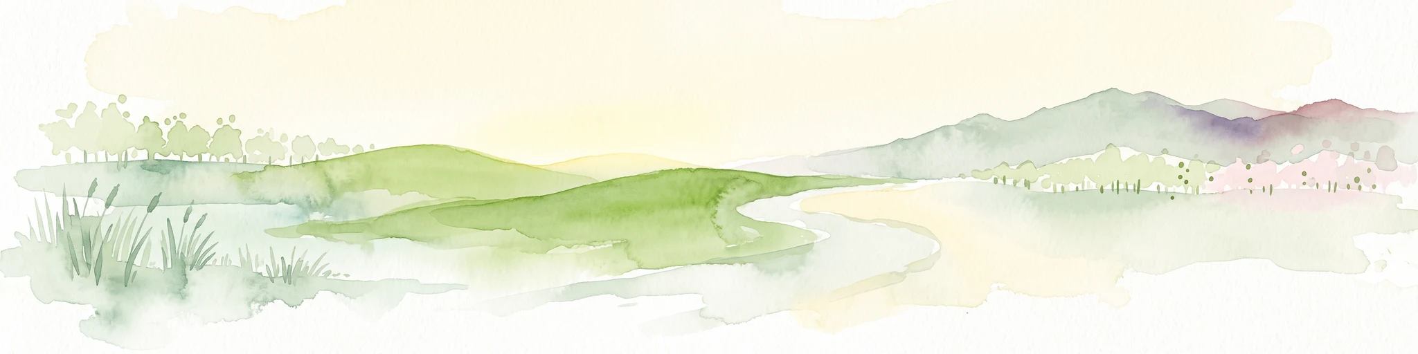 A soft watercolor painting of a wetland landscape featuring green meadows, gentle rolling hills, and a river flowing through the scene.
