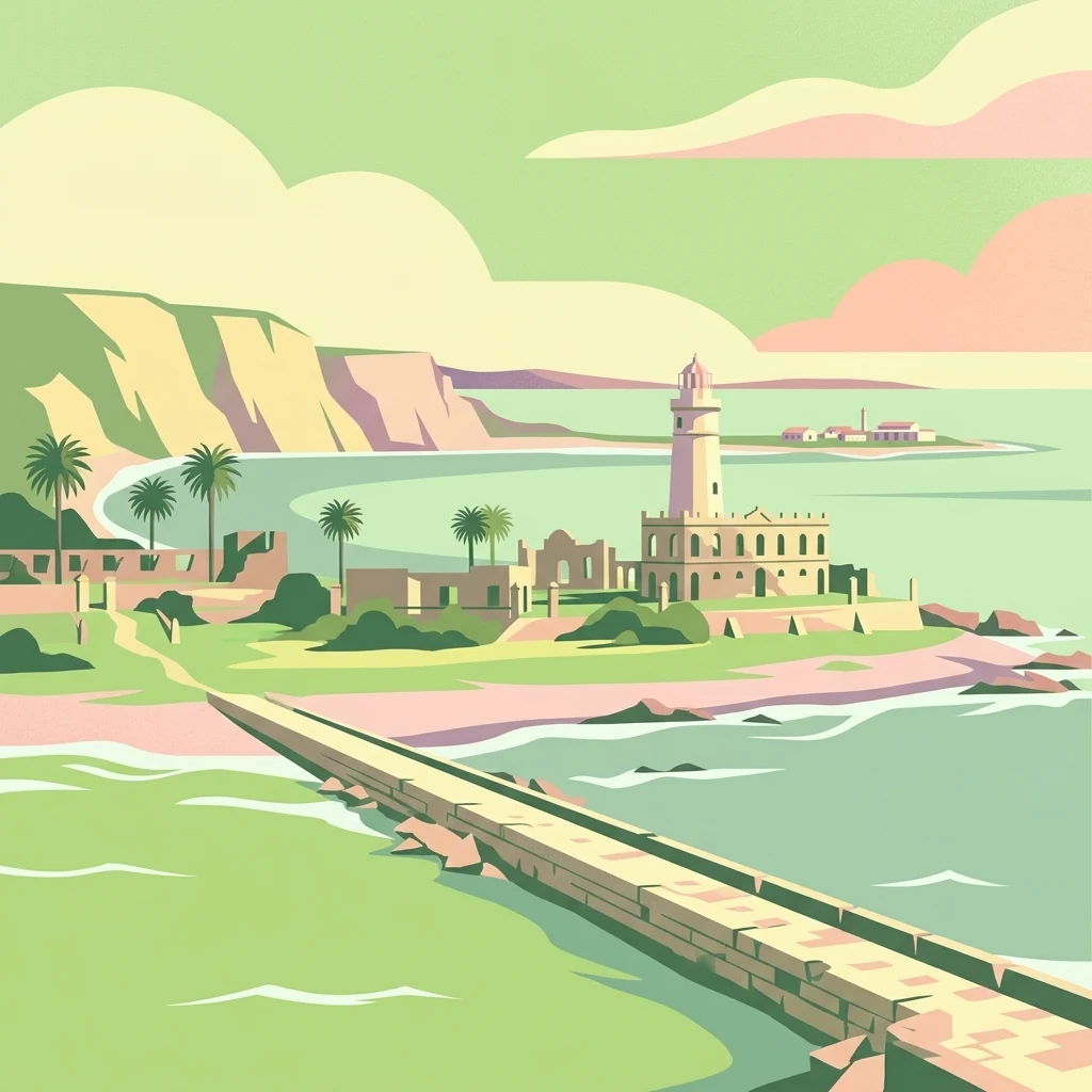 Stylized vector-style illustration of a coastal island park with a prominent lighthouse, stone ruins, palm trees, and a pier extending into the water.