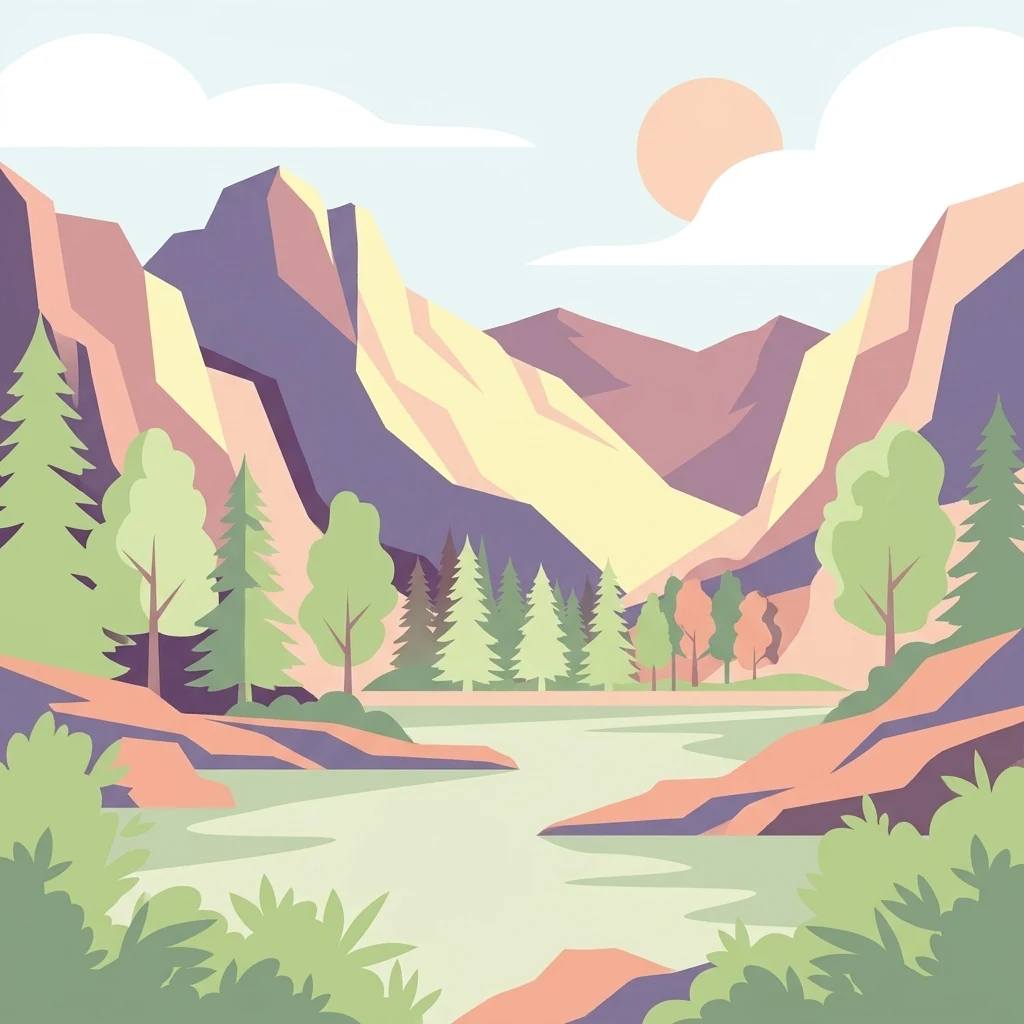 Una ilustración plana de estilo vectorial que muestra un río ancho serpenteando por un valle rodeado de montañas escarpadas, de color púrpura y amarillo, y un bosque de pinos y árboles de hoja caduca bajo un sol suave.