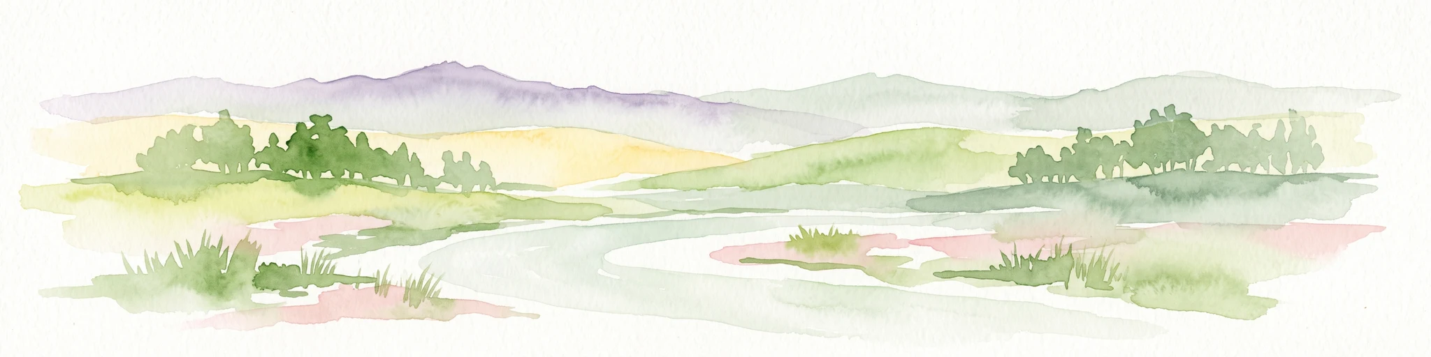 Una suave pintura en acuarela de un río que serpentea a través de un valle con árboles verdes, llanuras cubiertas de hierba y colinas púrpuras distantes sobre un fondo blanco.