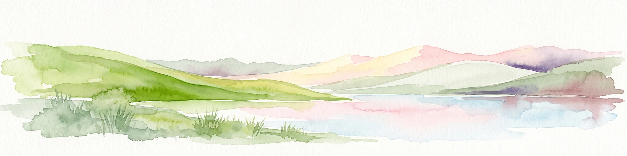 A soft, painterly watercolor illustration showing gentle green hills sloping down to a calm, reflective body of water with a light, pastel sky.