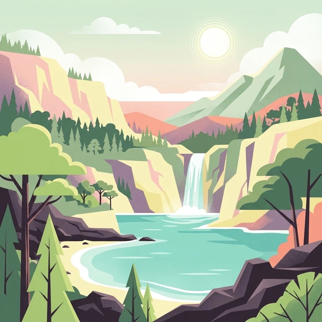 A flat-style digital illustration depicting a turquoise bay with a sandy shore, bordered by rocky cliffs, pine forests, and a waterfall cascading from a distant mountain range under a pale sun.