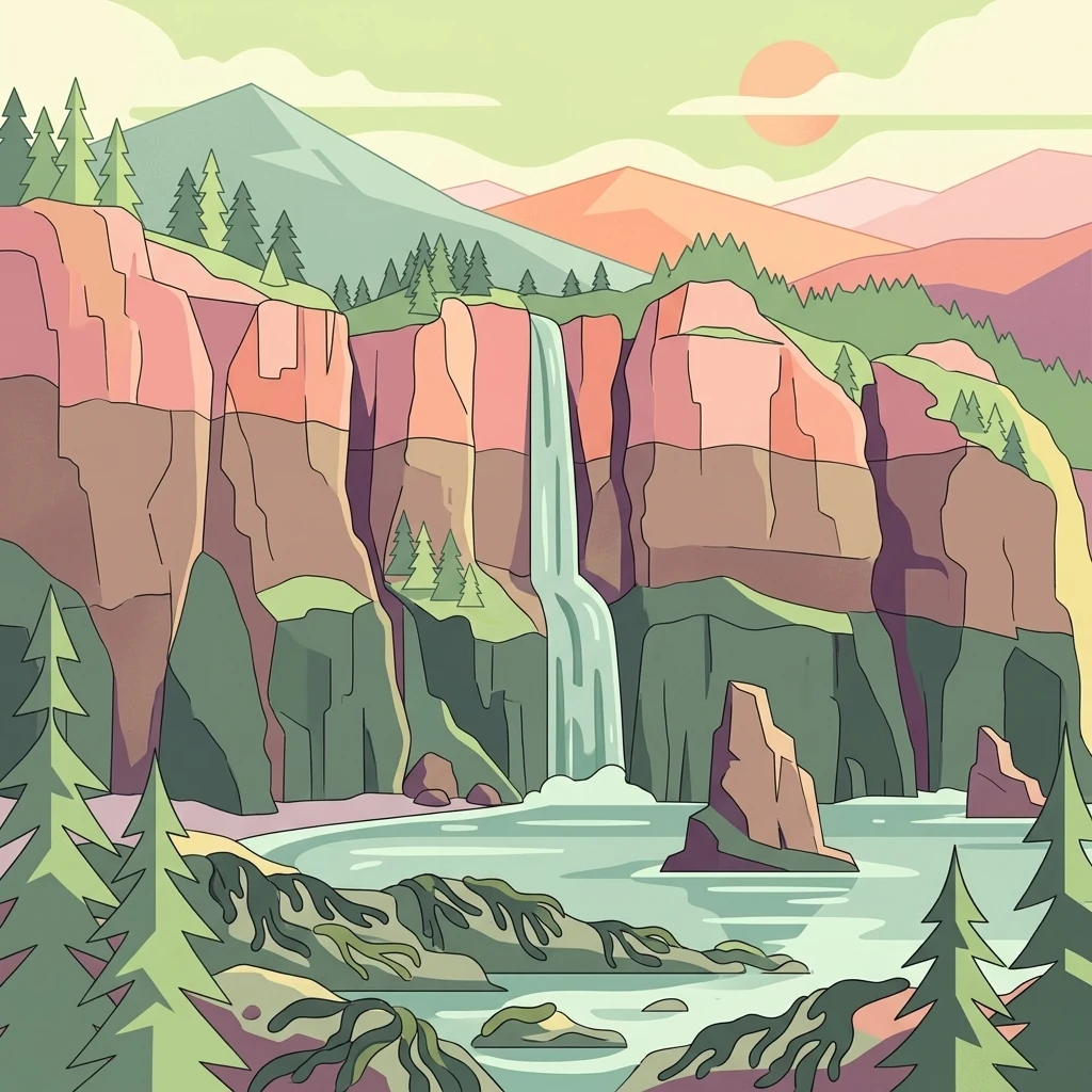 An illustration of a coastal park with tall, layered cliffs, a waterfall cascading into the water, and pine trees under a sunlit sky.