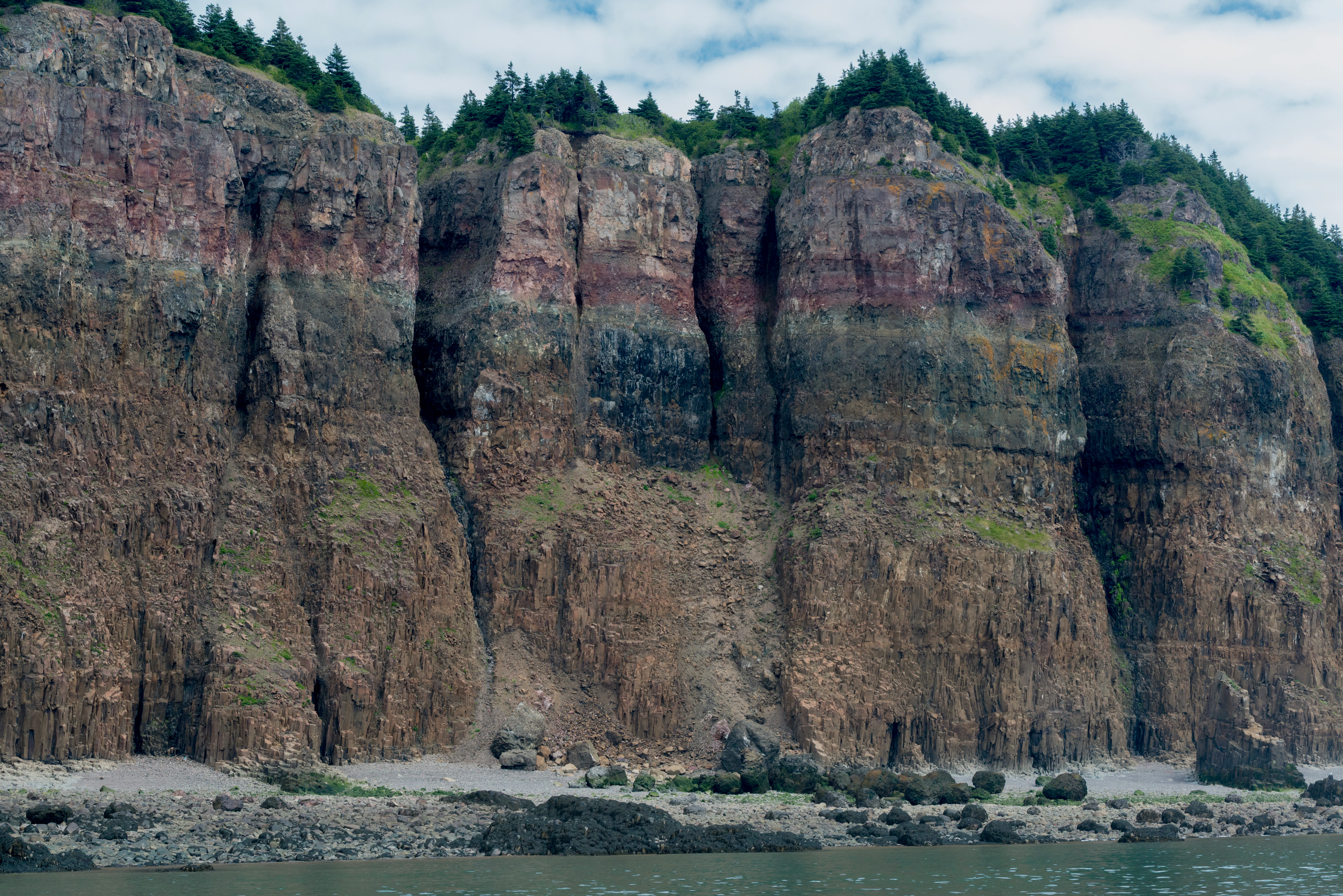 A wide shot of steep, layered basalt cliffs on the coastline of Île Haute, with coniferous forest at the crest and a rocky shoreline below.