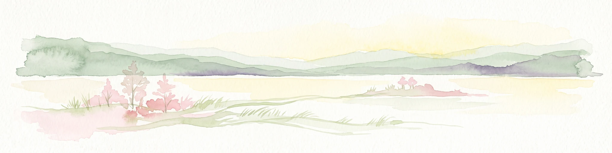 A minimalist watercolor illustration showing soft green hills in the distance, a calm body of water, and stylized reddish vegetation in the foreground.