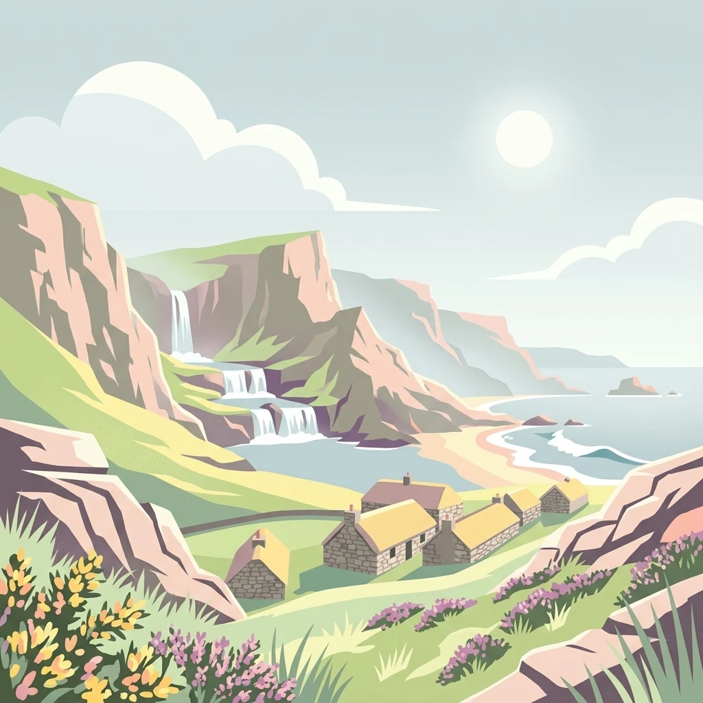 An illustration showing a small group of stone cottages with thatched roofs at the base of grassy, rocky cliffs; a tiered waterfall flows down the cliffside toward a sandy beach and the sea under a clear sky.