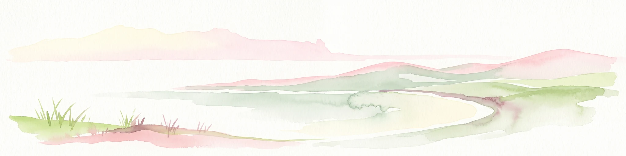 A pale, minimalist watercolor painting showing gentle hills, a curved shoreline, and sparse grass against a white background.