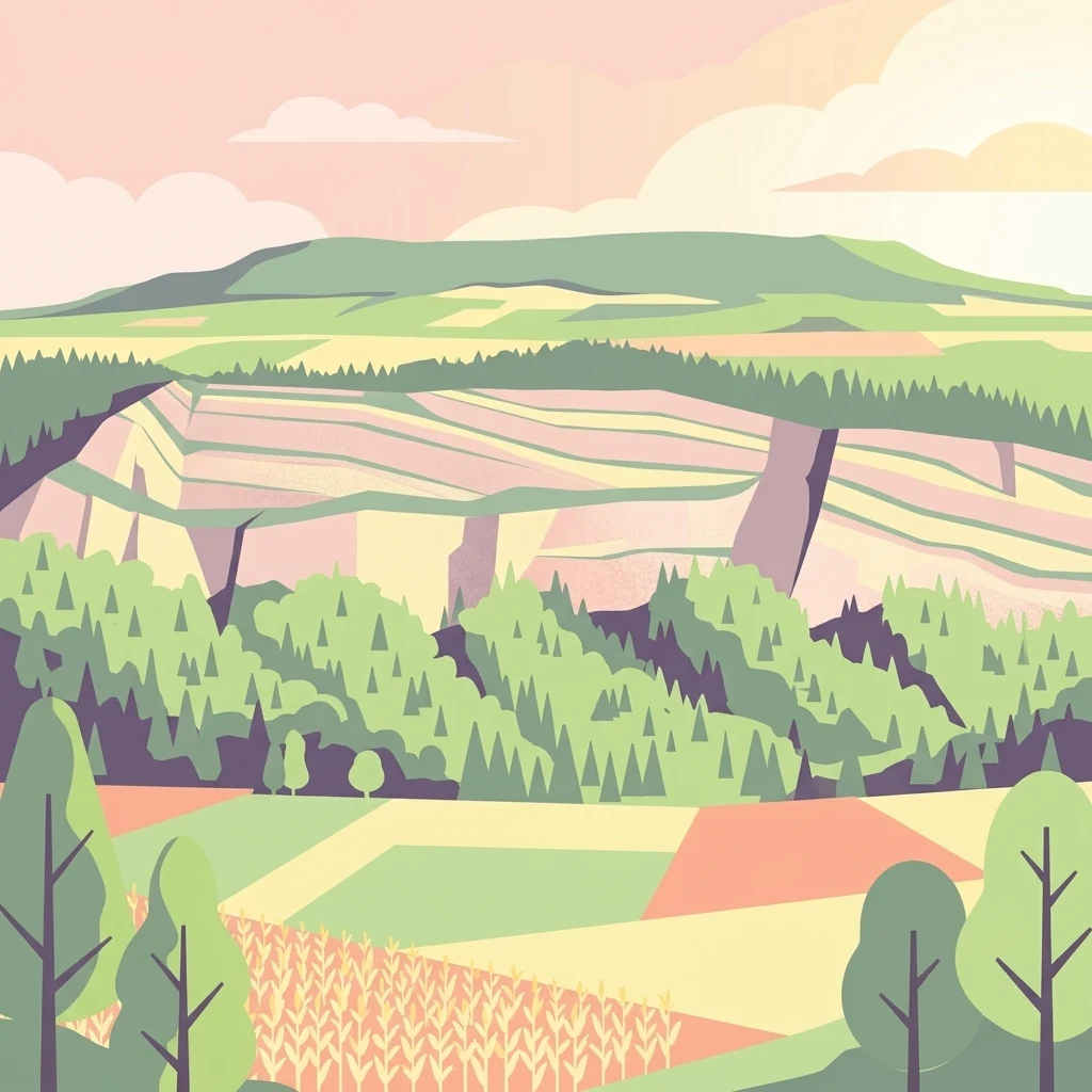 A flat-style digital illustration of a green forested ridge with prominent vertical rock cliffs in the middle ground, set against a soft sunset sky, with cultivated fields in the foreground.