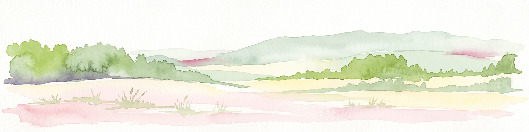 Watercolor painting of a rolling, forested ridge landscape in shades of green, yellow, and soft pink.