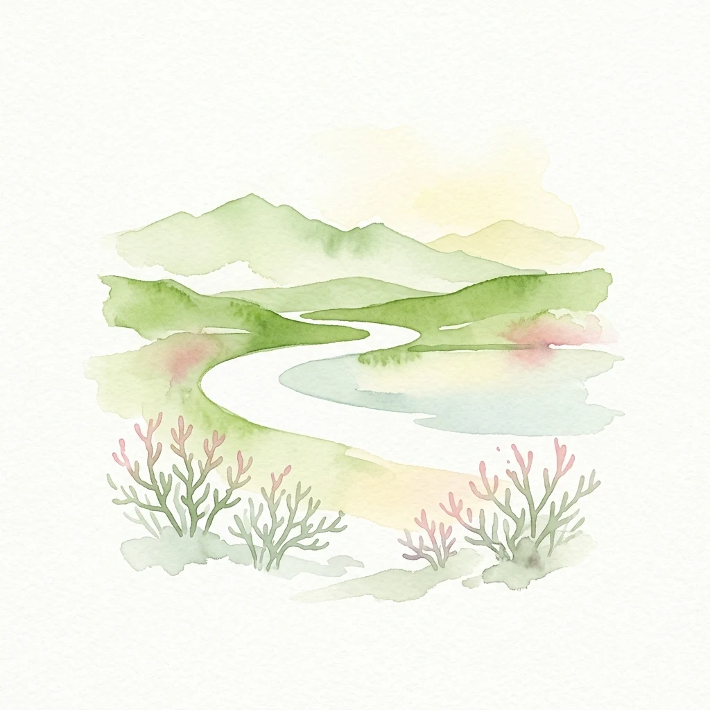Ilustración en acuarela que muestra un río sinuoso, colinas verdes, plantas con flores rosas y montañas distantes bajo un cielo suave