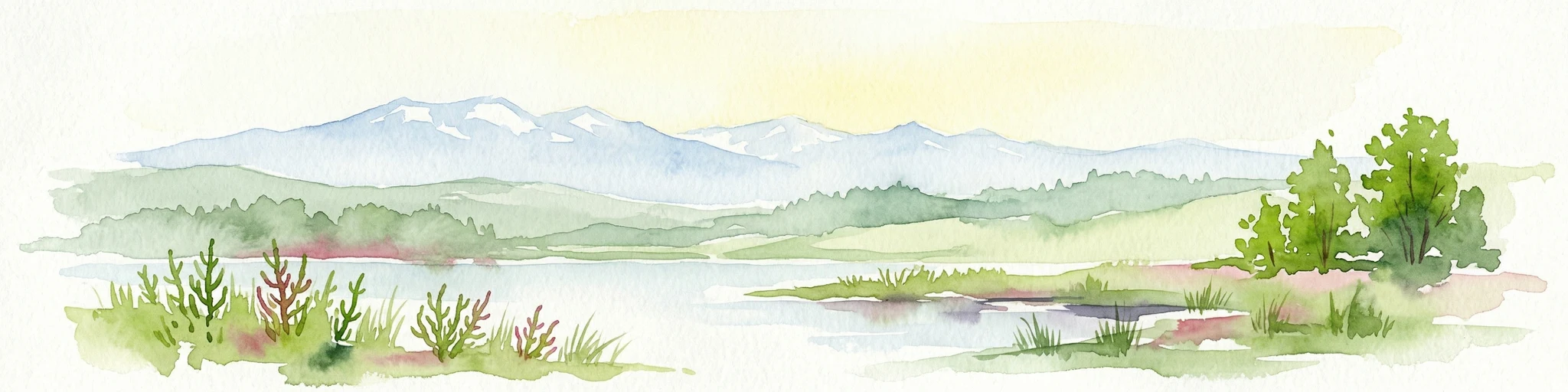Pintura en acuarela que muestra un río, vegetación verde, árboles y montañas nevadas a lo lejos bajo un cielo claro