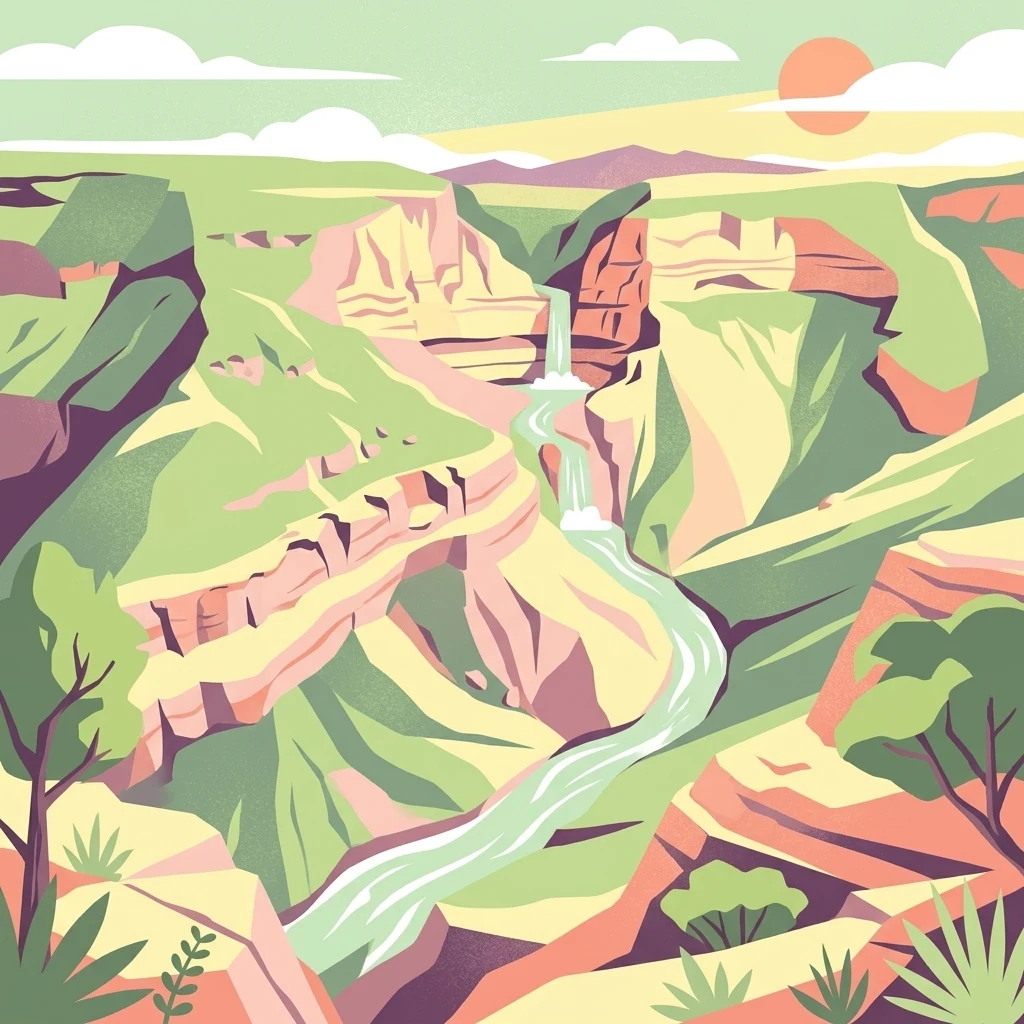 Una ilustración digital de estilo plano de un cañón profundo con capas de formaciones rocosas, un río que fluye y una pequeña cascada, con vegetación escasa bajo un cielo cálido.