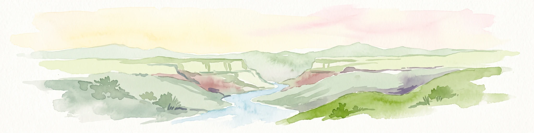 A watercolor painting showing a panoramic view of rolling hills and a winding valley in light, muted greens and earth tones.