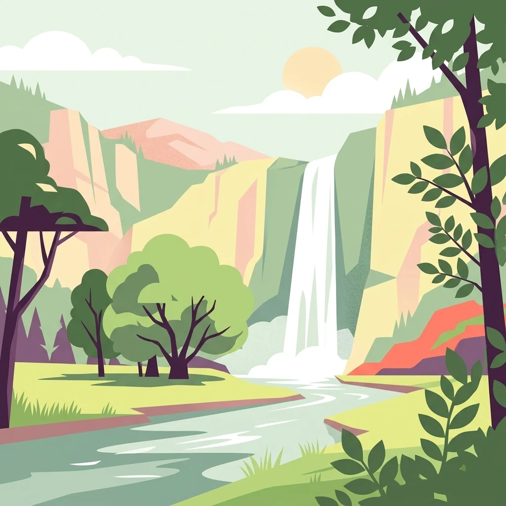 Digital vector-style illustration featuring a waterfall dropping from high canyon walls into a flowing river, framed by foreground trees.