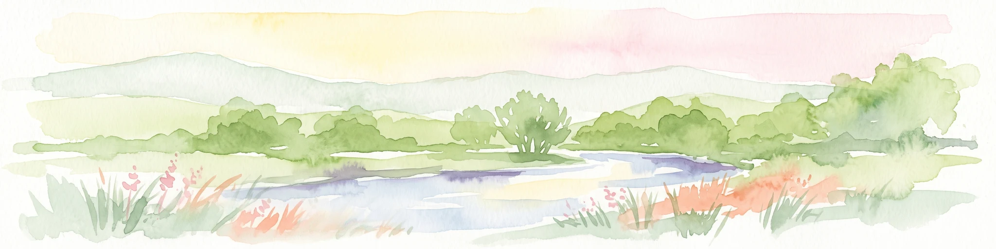 Watercolor painting of a river winding through a gentle green valley with distant hills.