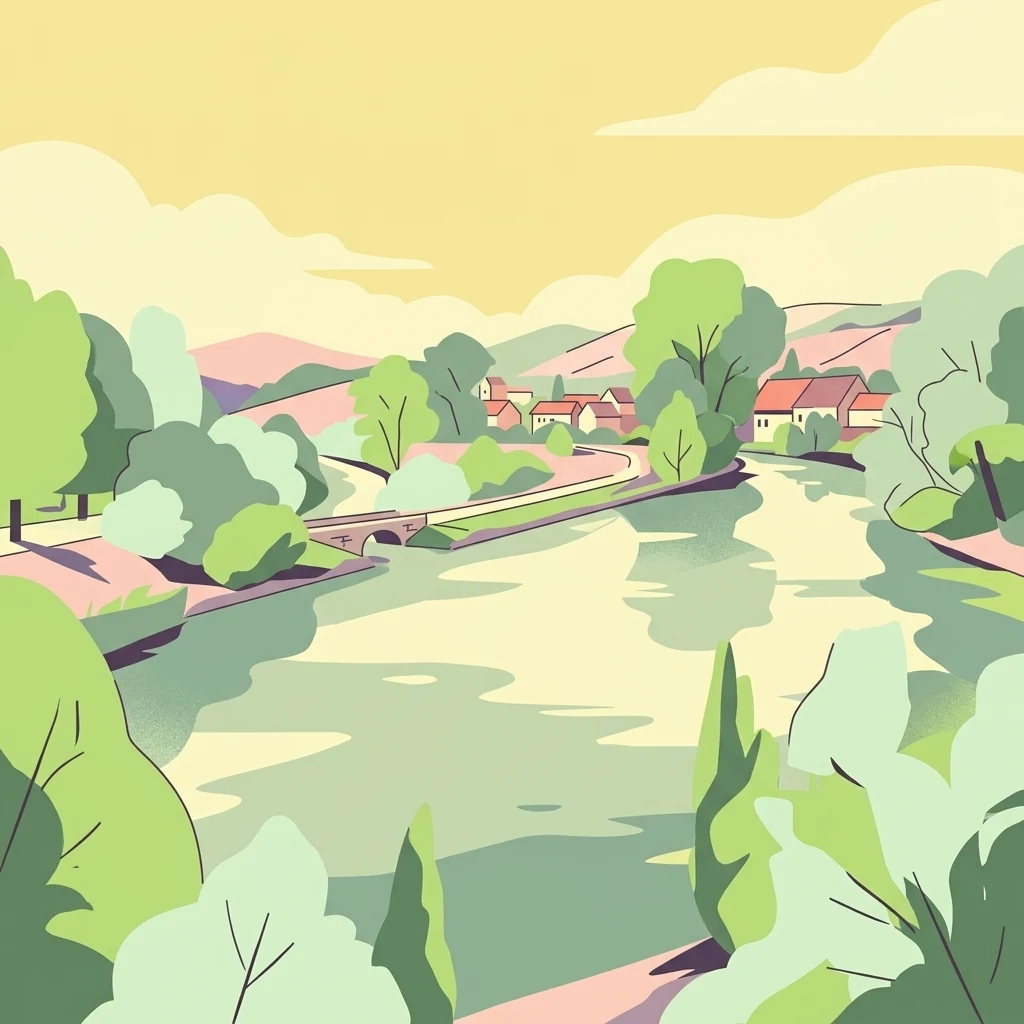 Una ilustración digital de estilo plano y colores planos que representa un río fluyendo por un valle boscoso con un pequeño puente de piedra y un grupo de edificios en la distancia.