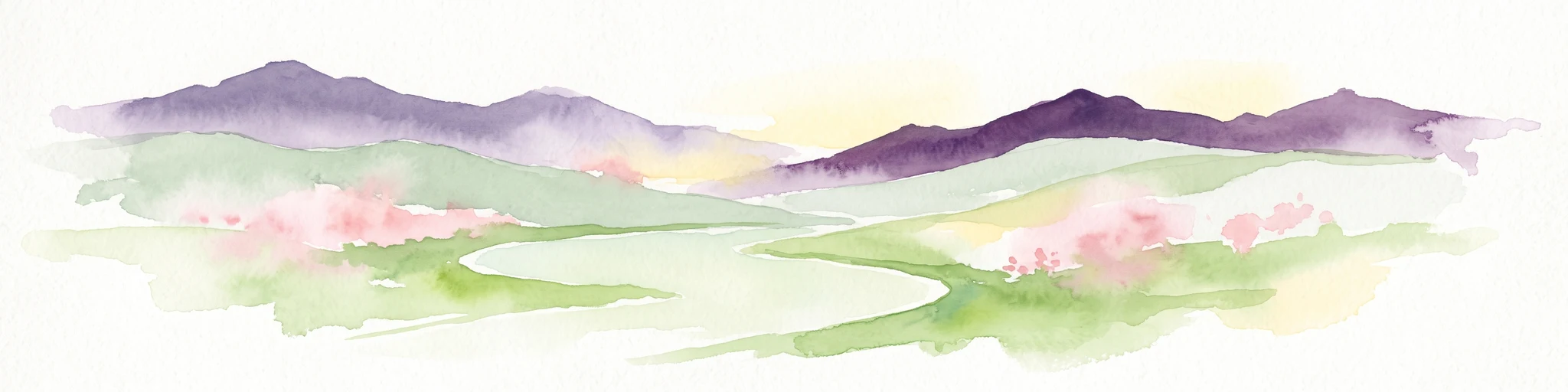 A watercolor illustration of rolling hills in shades of purple and green against a white background.