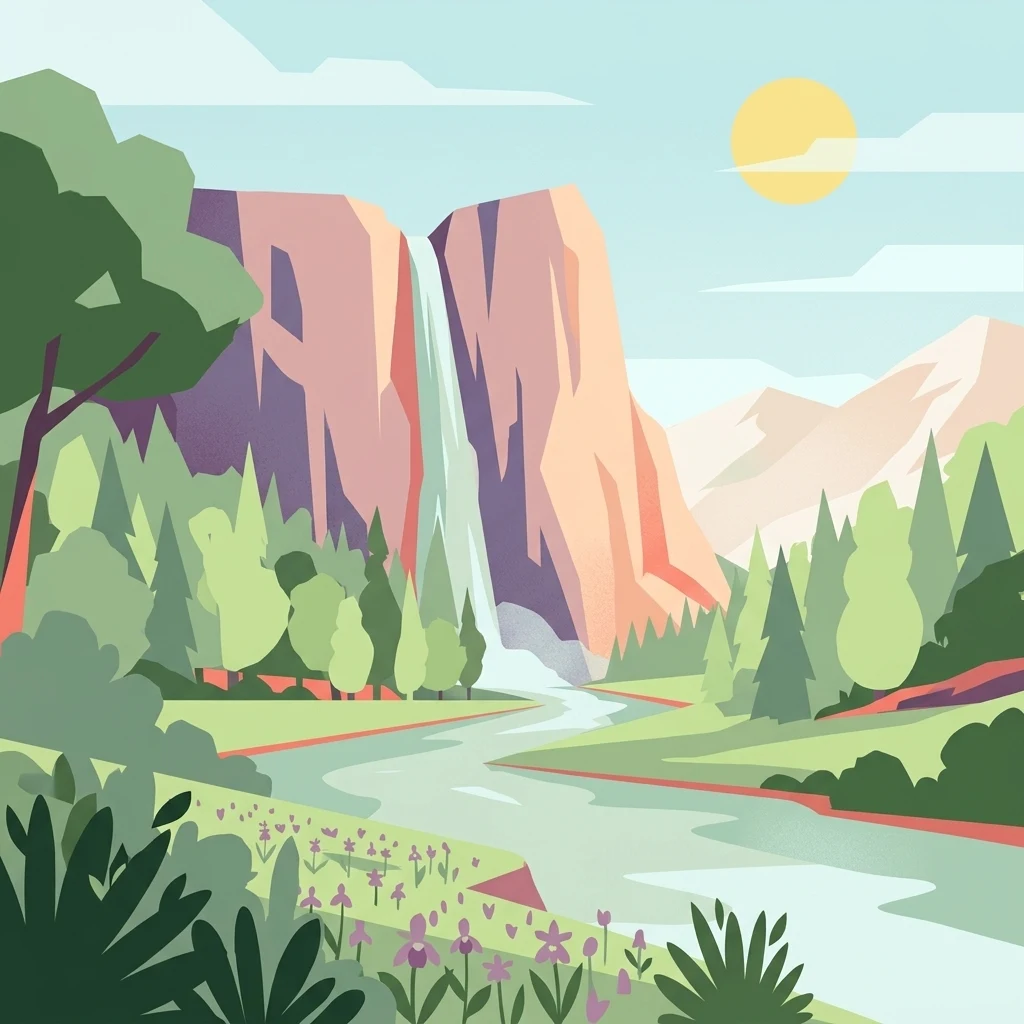 Ilustración digital estilizada de un valle con una cascada que fluye desde un acantilado hacia un río, rodeada de bosques de pinos, prados con flores y montañas lejanas bajo un sol amarillo.