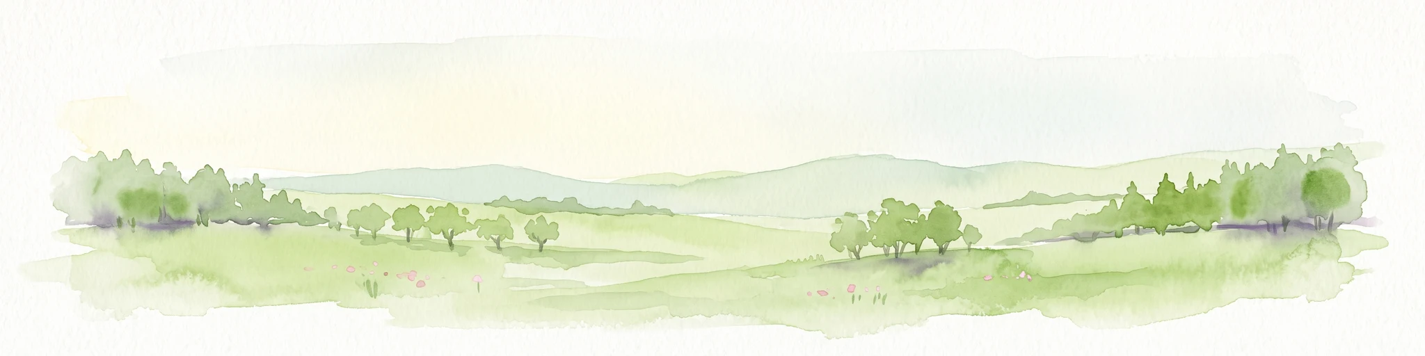 Watercolor painting of a gentle, rolling green landscape with sparse trees and distant hills on a white background.
