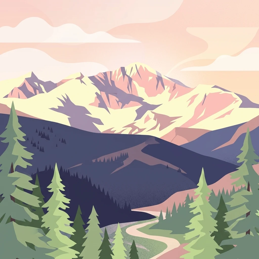 Una ilustración que muestra un sendero serpenteando a través de un bosque de pinos hacia una alta y escarpada cumbre montañosa bajo un cielo de tonos cálidos.