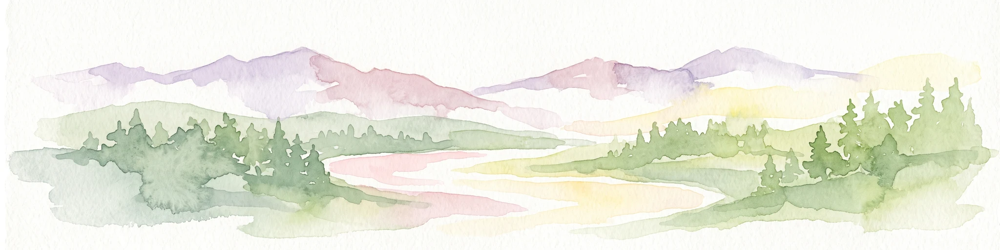 A watercolor painting showing a panoramic view of mountain peaks in the background behind a forest landscape, set against a white background.