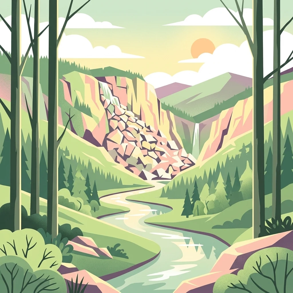 Una ilustración vectorial estilizada que muestra un río fluyendo a través de un valle verde con acantilados rocosos, cascadas y árboles altos en primer plano.