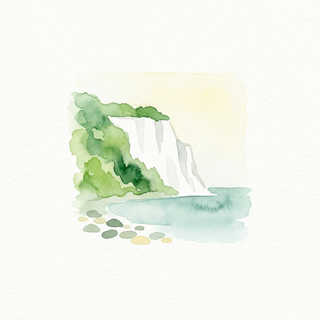 Watercolor painting showing white chalk cliffs with green trees on the left, blue water below, and stones along the shore