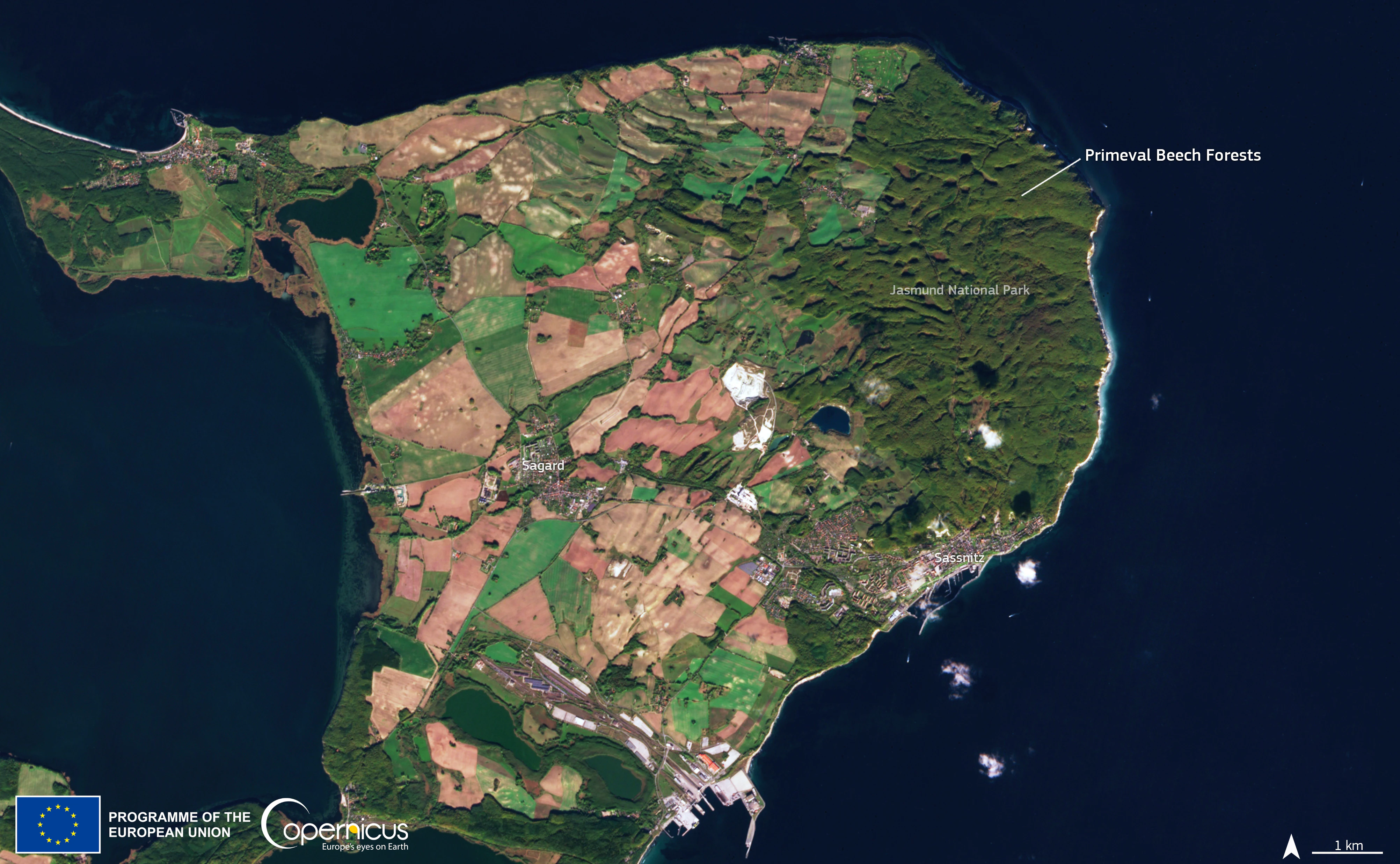 Satellite image of Jasmund National Park showing coastal peninsula with forested areas, agricultural fields, and water bodies