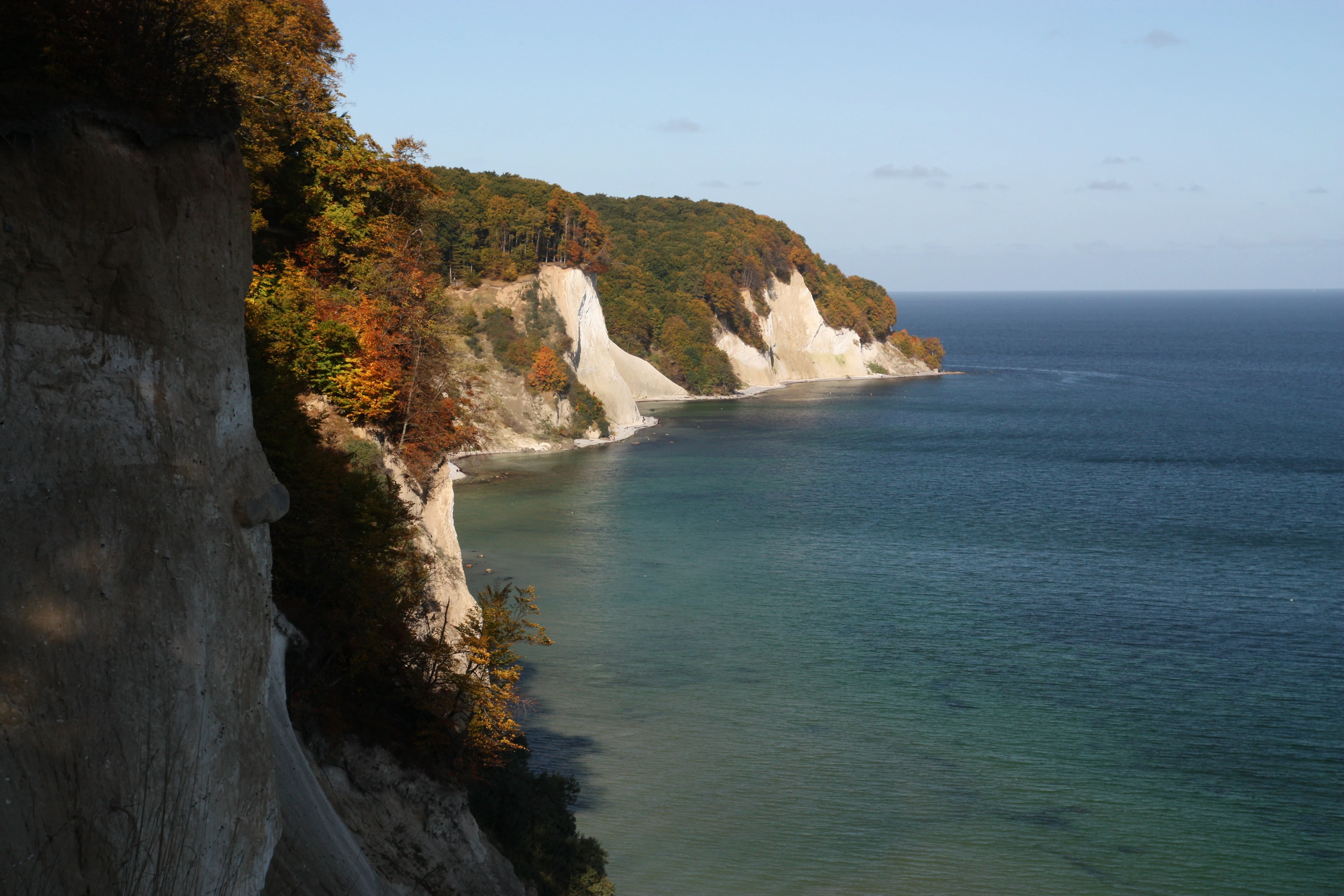 White chalk cliffs along the coast with forested land above and calm blue sea in the background