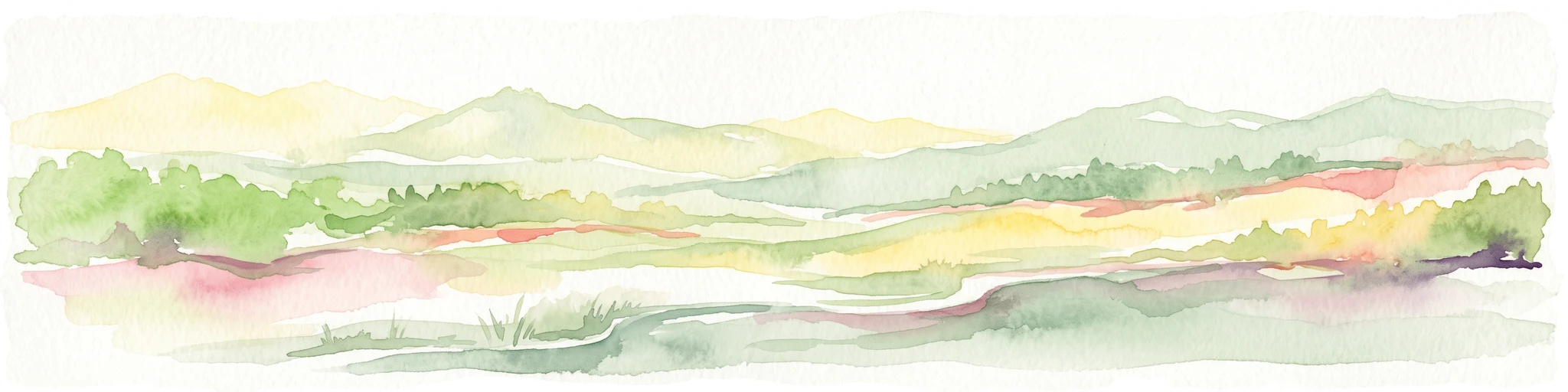 A soft, painterly watercolor illustration showing layered hills and light green, yellow, and reddish vegetation across a rolling, abstract landscape.