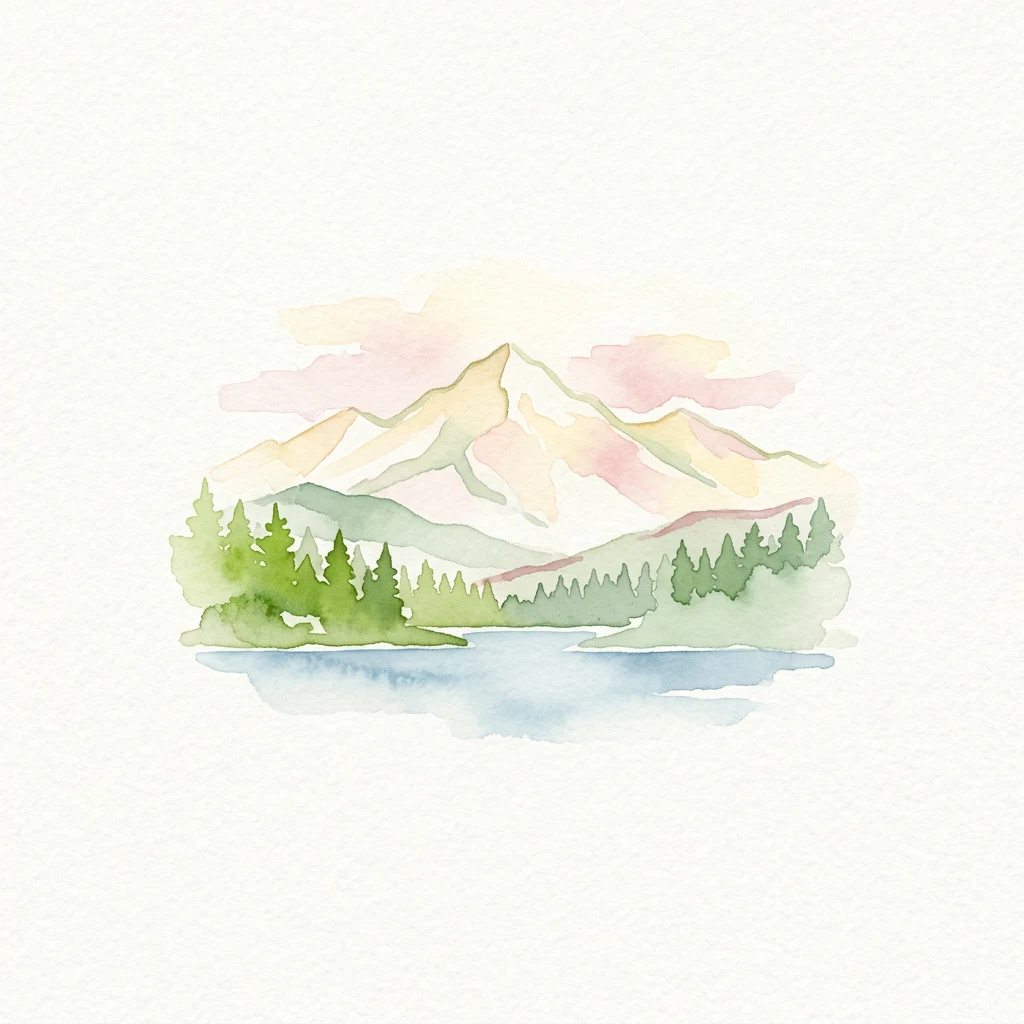 Watercolor painting of a snow-capped mountain, lake, and forested area