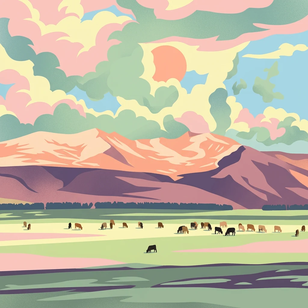 Una ilustración que muestra una llanura cubierta de hierba con vacas pastando, montañas al fondo y un cielo colorido con nubes