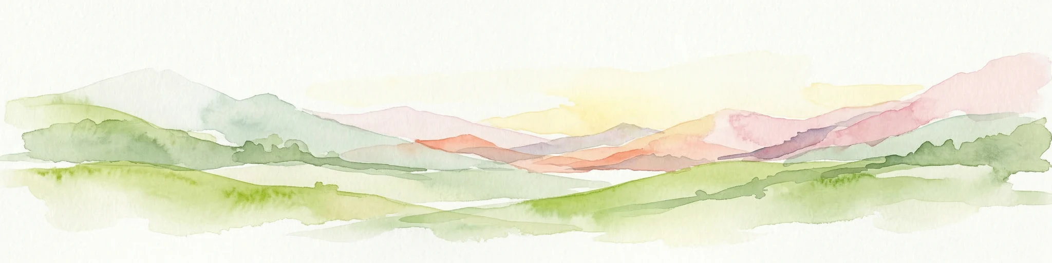 Pintura de acuarela de cordilleras verdes y rosas bajo un fondo de cielo claro