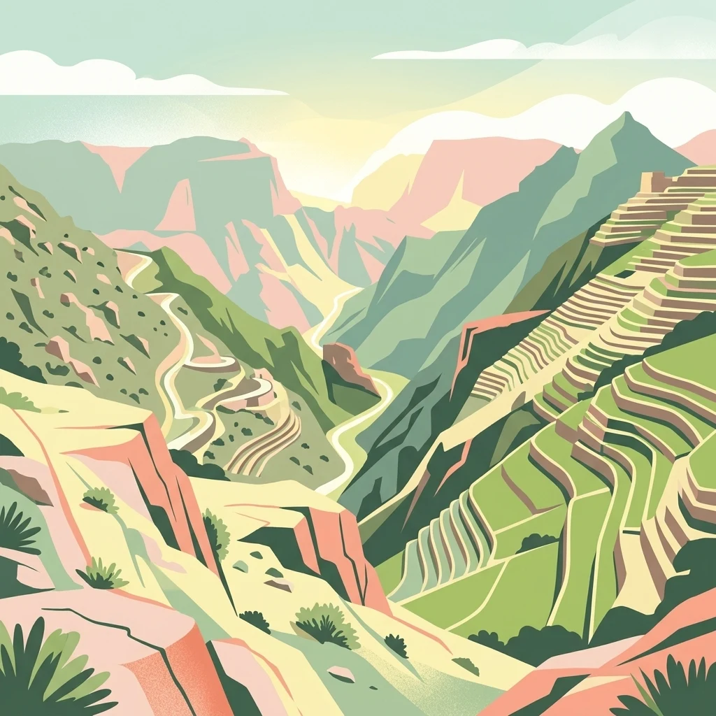 A stylized digital illustration of mountainous terrain featuring agricultural terraces, a winding valley, and steep rocky ridges.