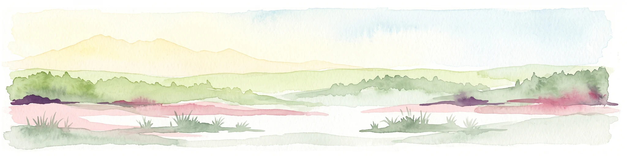 A watercolor painting depicting a soft-toned mountain landscape with muted greens, pinks, and yellows, showing rolling hills and gentle peaks.