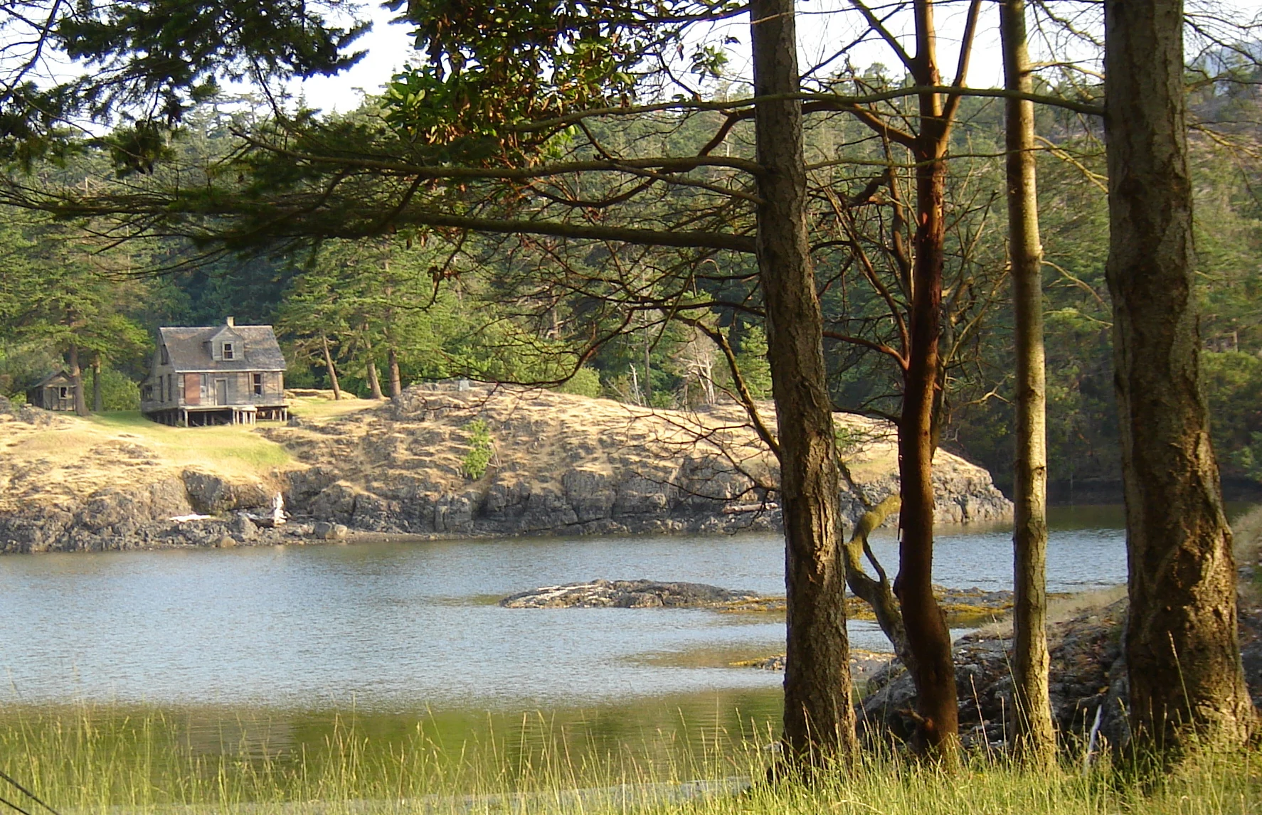 A small weathered wooden house sits on a rocky bluff overlooking a quiet bay surrounded by trees.