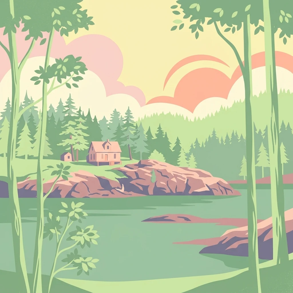 A stylized digital illustration showing a small cabin on a rocky, forested shoreline overlooking a tranquil body of water.