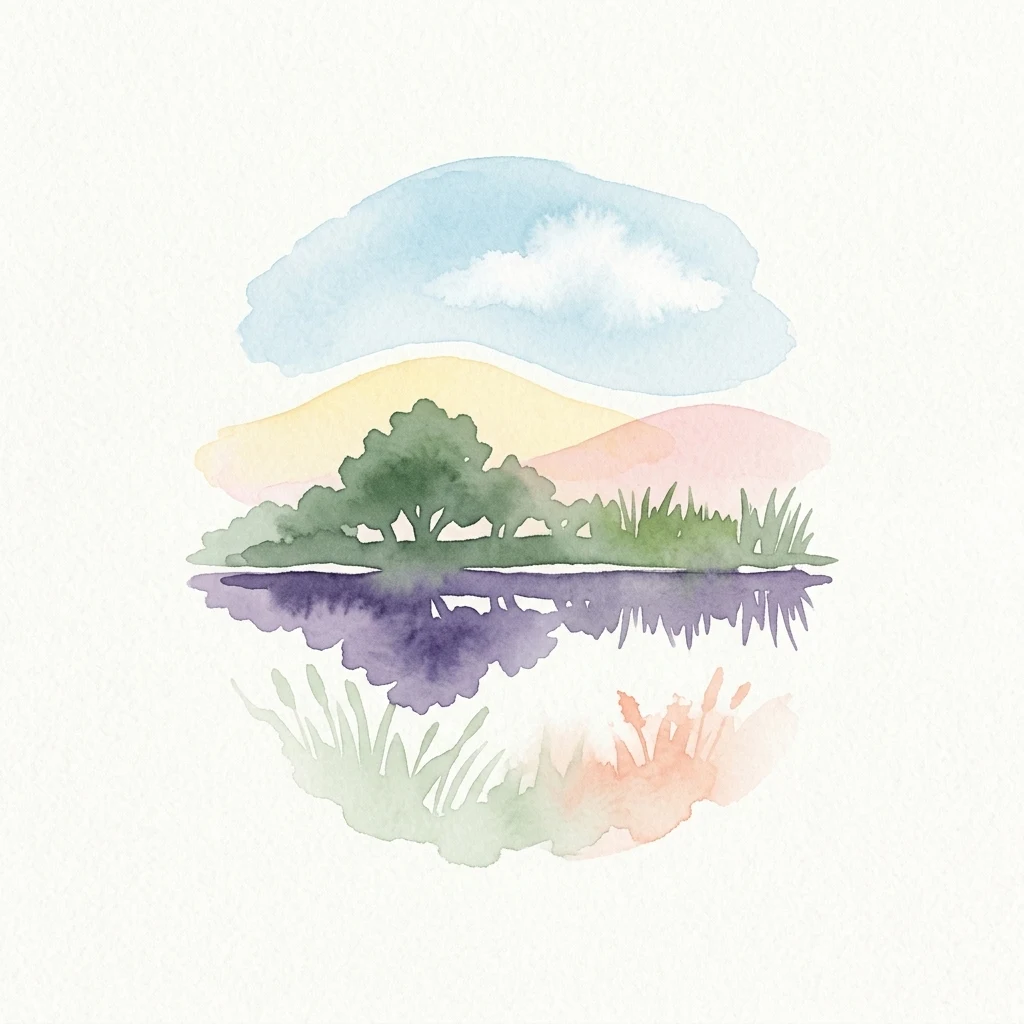 Watercolor illustration showing a lake reflecting a tree with hills and sky in pastel colors