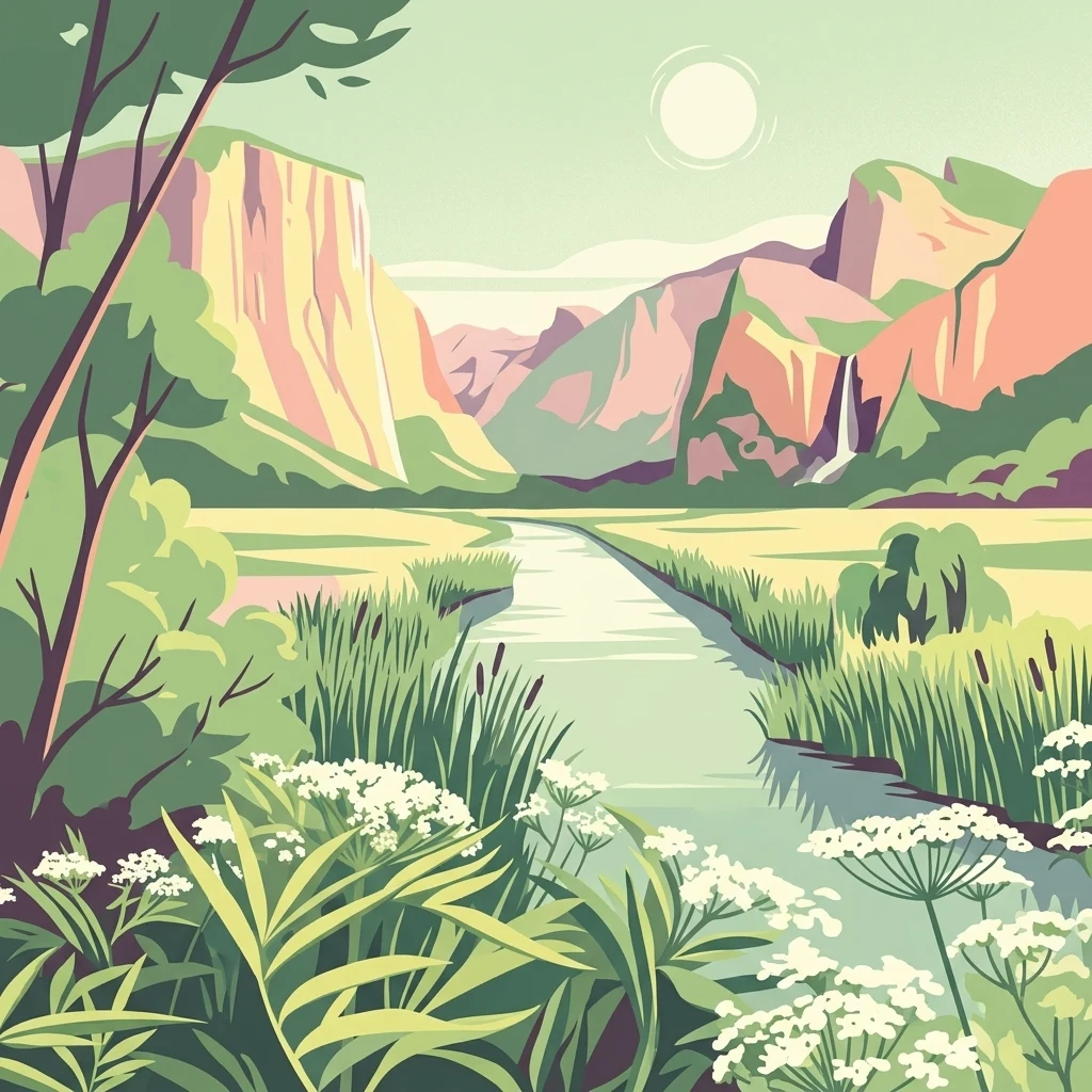 Ilustración estilizada de un río que fluye por un valle con montañas, pastos y flores silvestres blancas